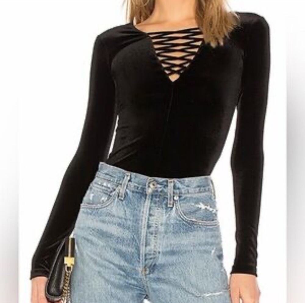 Bailey 44 women XS Black Velvet Lace Up Deep V Neck Long Sleeve Peplum Top USA